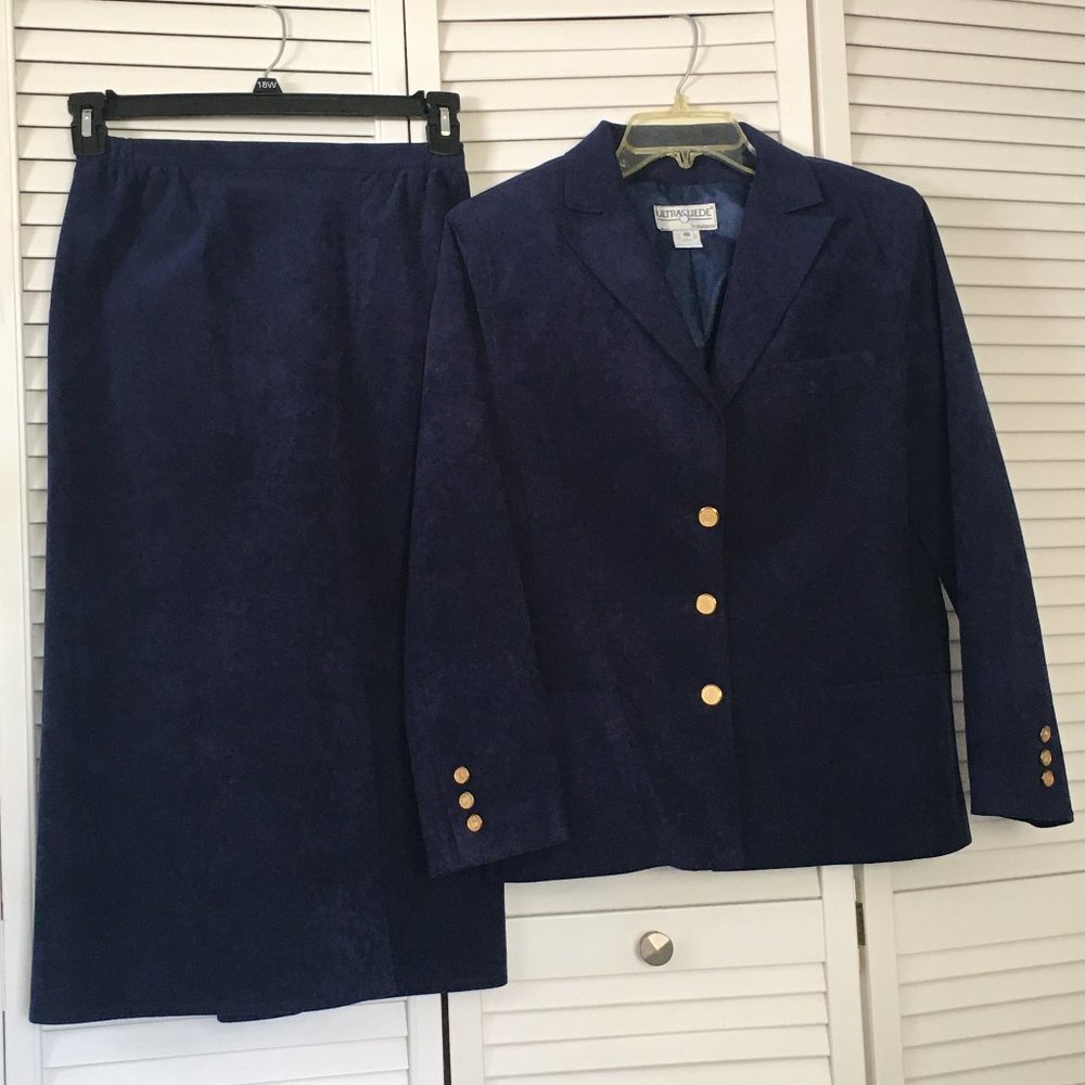 Women Blazer Pencil Skirt Suit Navy Blue Sz 10 Gold Button VTG Ultra Suede Brand